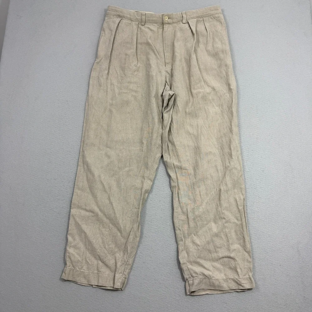 Vintage Polo Ralph Lauren Pants 36x30 Tan Linen Pleated Front Straight Preppy